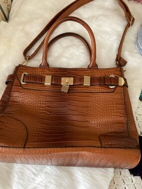 JustFab Croc-Embossed Satchel in Cognac Brown with Gold Hardware